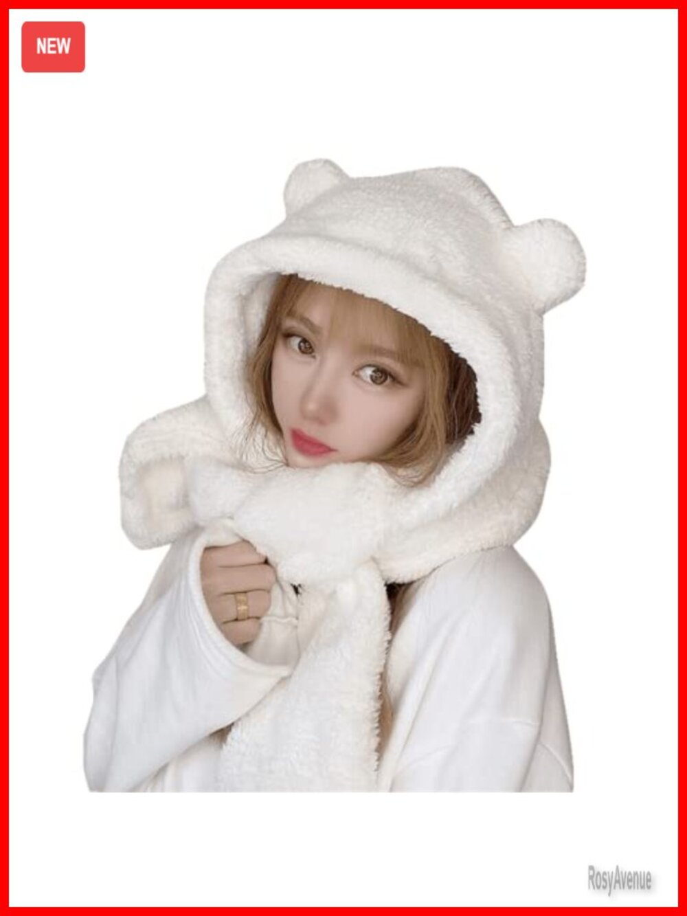 Cute Bear Ear Beanie Hat Scarf 2 in 1 Sherpa Fleece Fluffy Knit Hat